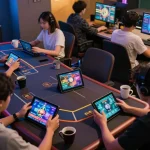 Players enjoying sun win casino games on their devices, showcasing a vibrant online atmosphere.