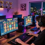 Player engaging with Zeus138 slot game on computer with vibrant lighting and gaming setup.