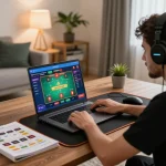 Engaging in online gaming with SC88 casino app on a laptop in a cozy home setting