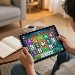 Engaging scene of a player enjoying slot mahjong on a tablet, showcasing vibrant game graphics and strategy notes.
