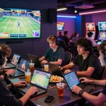Players enjoying games at https://rr99.it.com/ in a lively gaming lounge with vibrant LED lights.