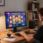 Playing online slot gacor hari ini with engaging graphics in a stylish home office setting.