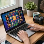 Engaging gameplay at South African Online Casinos with player on laptop enjoying slots