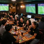 Engaged sports fans analyzing kèo nhà cái 5 during live soccer matches in a vibrant sports bar.