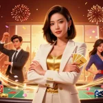 Experience seamless gaming access with nego77 daftar, featuring a powerful businesswoman amidst vibrant casino elements.