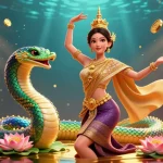 Experience thrilling gaming vibes with 88ma through this vibrant 3D illustration of a Thai dancer and Naga serpent.