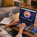 Player engaging with non gamstop casino website on laptop, showing vibrant gaming setup and strategy notes.