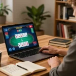 Experience strategic poker gameplay with m105 in a cozy online gaming setup featuring a laptop and notes.