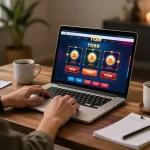 Engaging with TG88's online casino while planning strategic gameplay on a laptop