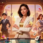 Togel illustration highlighting an elegant Asian woman with poker cards in a vibrant casino scene.