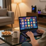 Engaged player enjoying the Nk88 game on a laptop in a cozy home setting, showcasing vibrant gaming graphics.