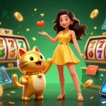 Découvrez un amusement dynamique dans les casinos en ligne avec une femme joyeuse et un chat porte-bonheur au milieu de pièces d'or.