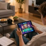 Engaged user exploring qh88eu casino app on tablet in cozy home environment with warm lighting