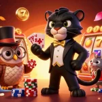 Engage with the exciting 789win casino experience featuring a stylish panther dealing cards, accompanied by an owl and a lucky mouse.