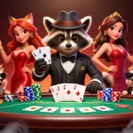 Experience dazzling moments at luckywin with a charming raccoon and fox lady playing poker.