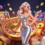Experience the excitement of เว็บตรง, showcasing a stunning scene with a glamorous woman and playful elements in a casino atmosphere.
