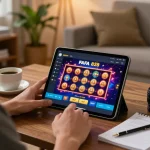 Engaging with FAFA 828 app for online slots in a cozy living room setup.