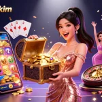 Engage with mposportkim's vibrant casino scene filled with treasures, slots, and festive elements.