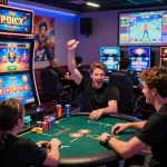 Excited players enjoying sunwin9 cocom gaming experience in vibrant gaming room.