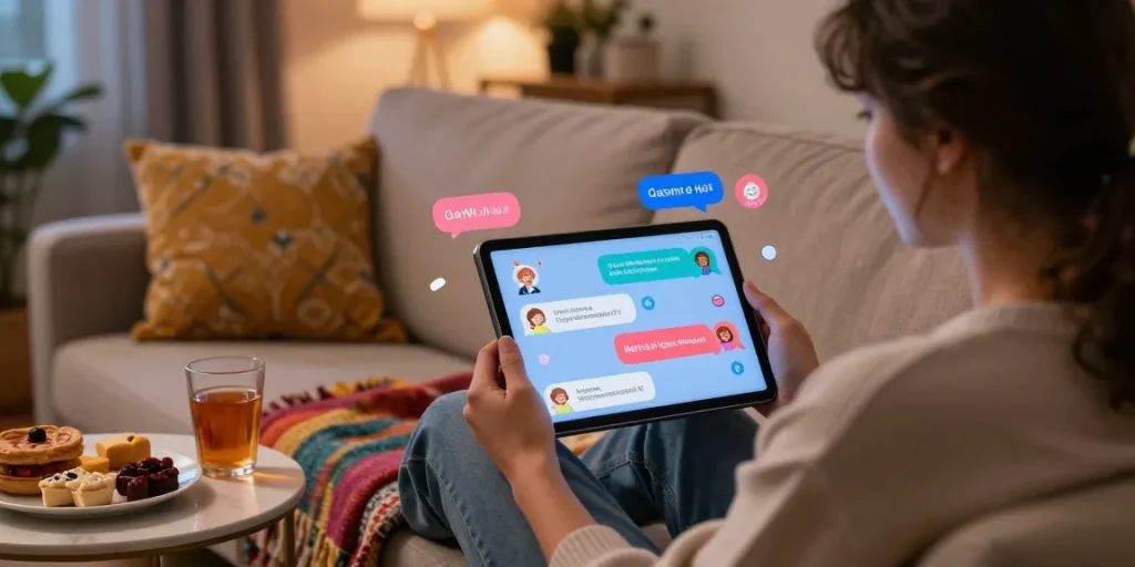 A cozy setting showcasing NSFW AI chat interactions on a tablet with engaging characters and playful messaging.