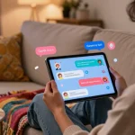 A cozy setting showcasing NSFW AI chat interactions on a tablet with engaging characters and playful messaging.