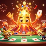 Experience the thrill of debet1 as a golden volcano erupts with treasures at a lively poker table.