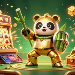 Experience the excitement of lode88z with a cartoon panda robot amidst a jackpot explosion, showcasing a vibrant casino atmosphere.