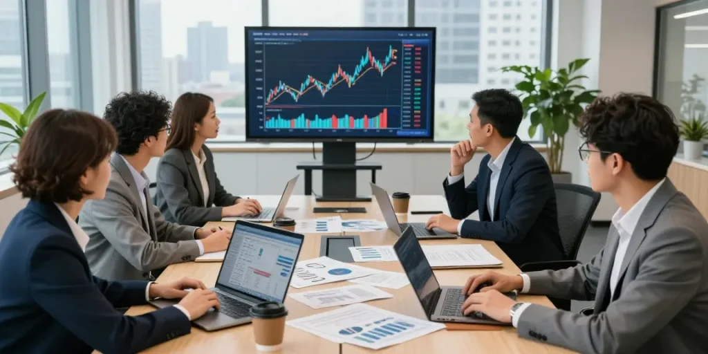 Professional financial consulting session at https://aisa.org.uk with team analyzing investment trends and strategies