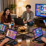 Players experiencing new online casinos with diverse games in a cozy home setting.