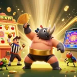 Slot gacor menampilkan juara sumo kepiting yang menginspirasi, dikelilingi oleh elemen kasino megah.