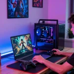 Engaged user at Raja Game login on a vibrant gaming setup with colorful LED lights.
