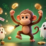 Experience gaming thrills with uk88z as a playful poltergeist monkey juggles coins in a haunted casino scene.