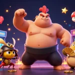 Slot gacor menampilkan karakter sumo, serangga Samurai, dan pengumum tanuki di kasino digital yang penuh warna.