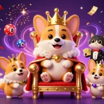 Baccarat card game illustration showcasing a royal corgi, a cat butler, and vibrant casino elements.