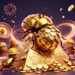 BTV168 offers thrilling casino excitement with golden beetles rolling coins in a vibrant 3D scene.