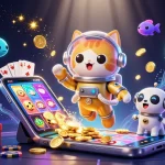 Spin the reels at rr88 with a vibrant 3D cat and robotic dog amidst cosmic gaming fun.